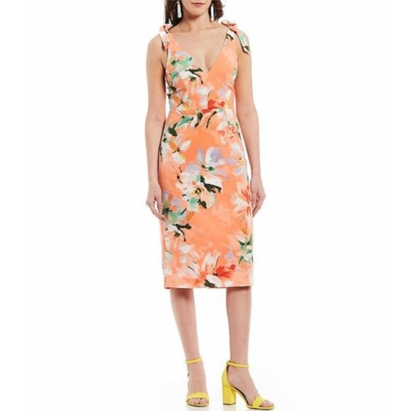 DRESS THE POPULATION Lita Floral Print Tie Straps V-Neck Midi Dress Size L - Picture 1 of 10